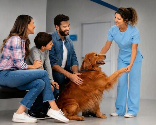 Famiglia e cane durante una visita veterinaria