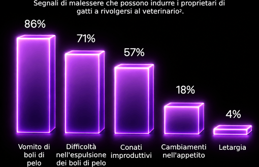Grafico a barre con percentuali di sintomi nei gatti come vomito di boli di pelo e inappetenza